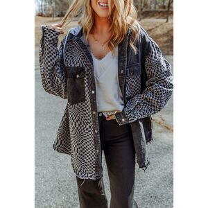 Boho Patchwork Denim Jacket Hoodie | Oversized Aztec Western Shacket L